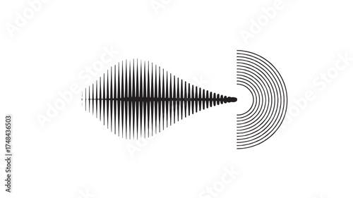 Abstract sound wave visualization and expanding circles on white background