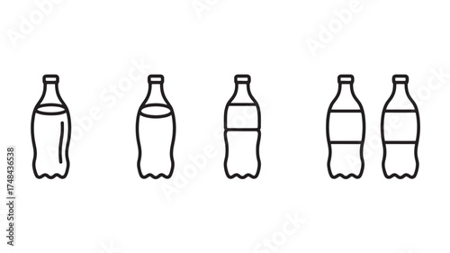 Row of simple line art icons representing plastic beverage bottles with different fill levels.