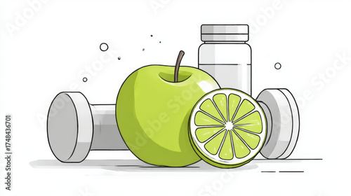 Healthy fitness illustration, green and white, representing active lifestyle and fresh nutrition, with copy space