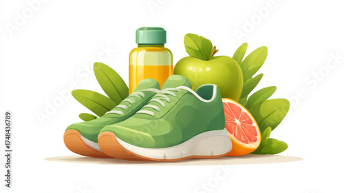 Vibrant healthy lifestyle illustration, green, yellow, and orange, representing fitness and fresh nutrition