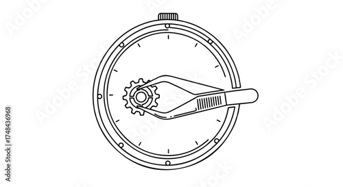 Line drawing of a robotic hand holding a gear within a circular mechanical frame on a white background.