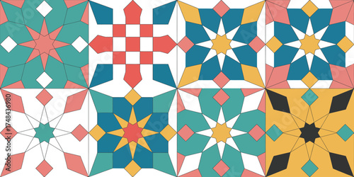 Geometric tiles with star patterns in various colors and designs