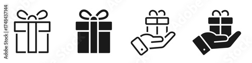 Gift box icon set. Hands holding gift icon. Present symbol. Christmas gift box with ribbon on white background - stock vector.