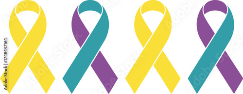 Four colorful awareness ribbons in a row on a plain white background