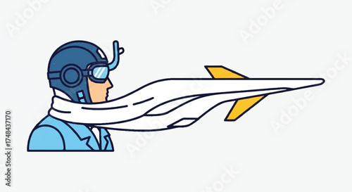 Illustration of a pilot wearing a blue flight suit and goggles with a scarf flowing behind them, flying a jet against a white background.