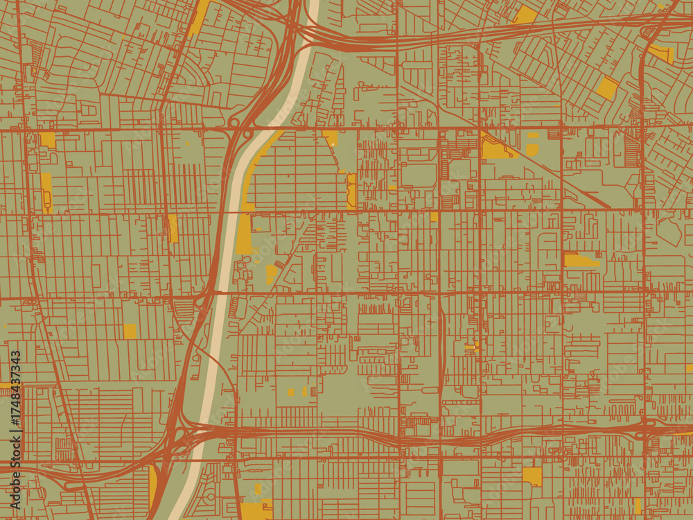 Obraz premium Abstract flat-design map of Paramount, California, featuring olive backdrop with warm rust street network and ochre blocks.