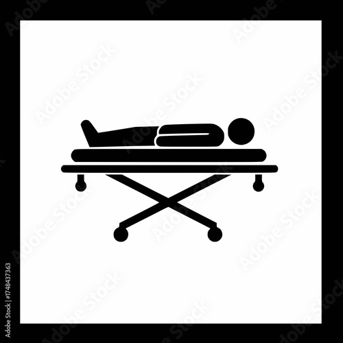black and white emergency stretcher symbol, person on stretcher, minimal vector