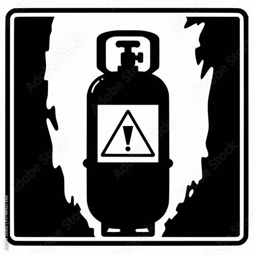 black and white compressed gas warning symbol, cylinder silhouette, flat vector