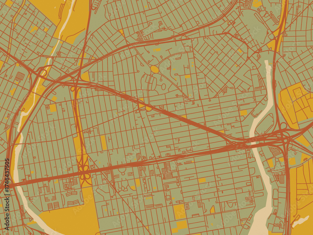Obraz premium Poster-ready flat map of Parkchester, New York, earthy sage background with rust roadways and ochre details.