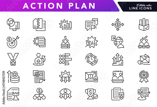 Action plan line icon set. Schedule, plan, business, implementation, strategy, analysis, task, goal, management, timeline, workflow line icon pack