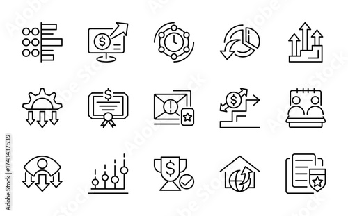 Project management linear icon set. Action plan, schedule, strategy, collaboration, workflow, analysis, goals, timeline, vector line icon pack. UI thin line icons