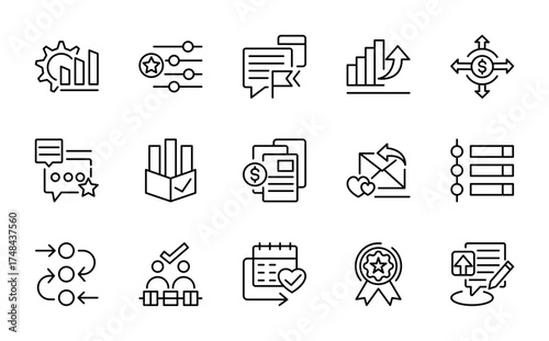 Planning and workflow linear icon set. Schedule, implementation, collaboration, analysis, management, strategy, tasks, vector thin line UI icon pack