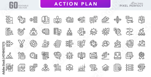 Action plan line icon set. Business planning, schedule, workflow, management, analysis, implementation, goals, and collaboration vector line icon pack. Editable stroke icons