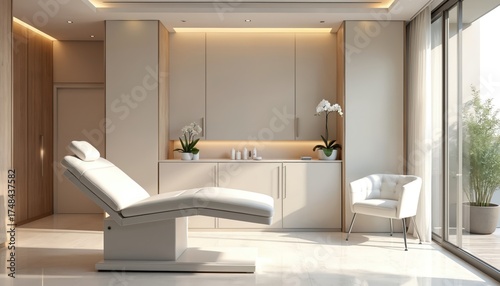 Modern white aesthetic clinic interior. Treatment bed, comfortable armchair visible. Built-in cabinets display skincare products, potted white orchids. Large window brings bright natural light.
