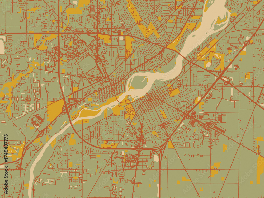 Obraz premium Abstract flat-design map of Perrysburg, Ohia, featuring olive backdrop with warm rust street network and ochre blocks.