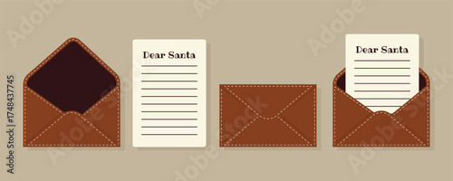 Dear Santa letter and brown envelope flat Christmas illustration.