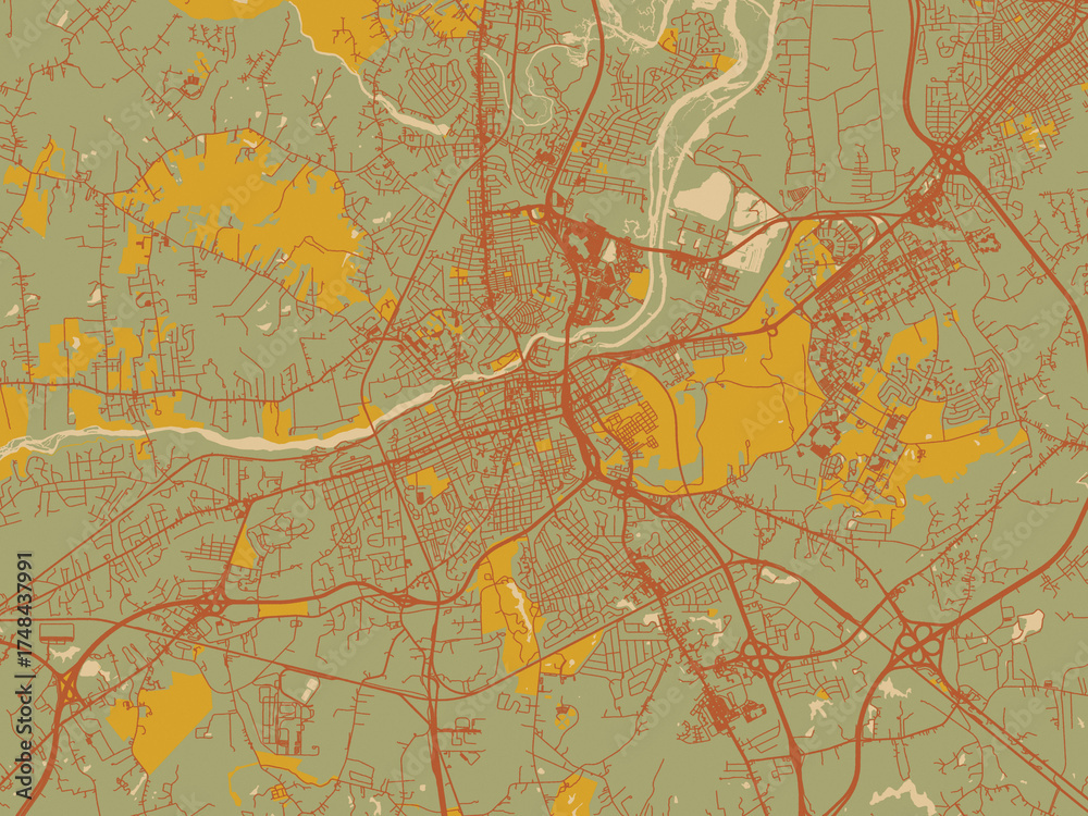 Obraz premium Stylized minimalist map of Petersburg, Virginia in earthy sage background with rust roadways and ochre details.