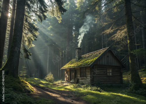 A forest log cabin with smoke rising from the chimney