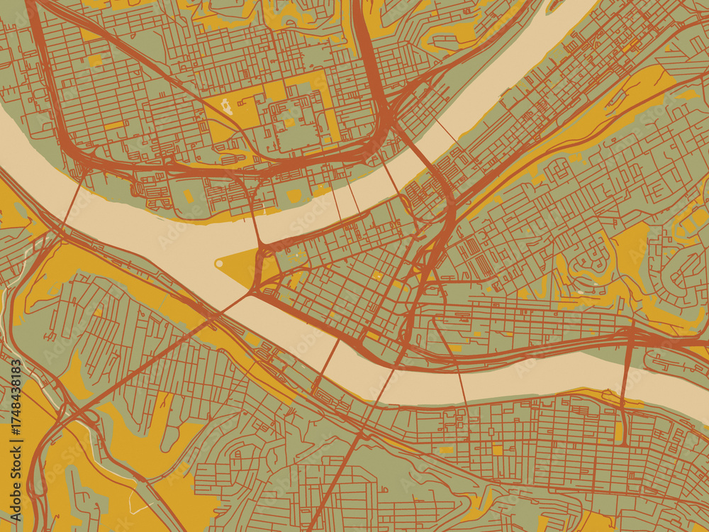 Obraz premium Flat painterly map of Pittsburgh Center, Pennsylvania in olive backdrop with warm rust street network and ochre blocks.