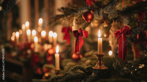 Christmas tree branch decorated with burning white candle and red ribbon in traditional festive home interior