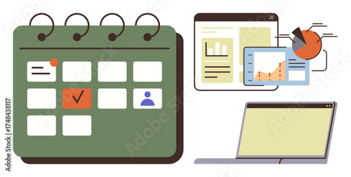 Calendar planning with marked events, interactive charts on dashboards, and a laptop. Ideal for productivity, scheduling, analytics, teamwork, strategy project planning organization. Simple flat