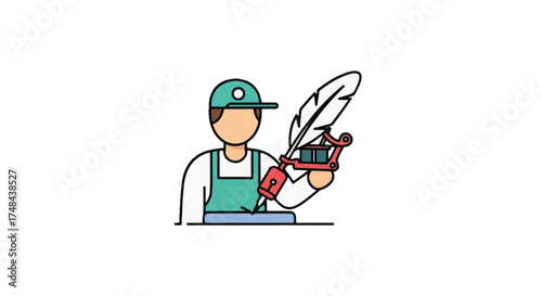 A cartoon-style illustration of a man wearing a green apron and cap, holding a power drill with a feather attached to it, on a plain white background.