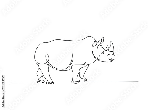 Wild rhinoceros  in single outline illustration. Continuous line art drawing of rhino animal. Editable stroke.
