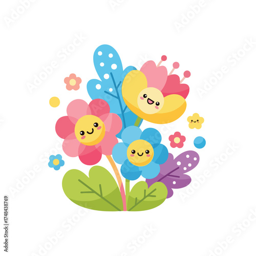 Cute flowers smiling cheerfully in a colorful garden with whimsical leaves and playful polka dots, creating a joyful and lighthearted scene.