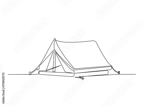 Camping tent in single outline illustration. Continuous line art drawing of canvas camping tent. Editable stroke.
