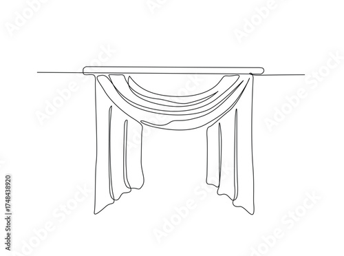 Stage curtains in single outline illustration. Continuous line art drawing of home curtains with side corner. Editable stroke.