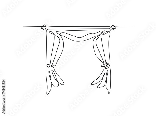 Stage curtains in single outline illustration. Continuous line art drawing of home curtains with side corner. Editable stroke.
