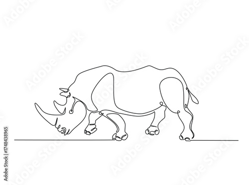 Wild rhinoceros  in single outline illustration. Continuous line art drawing of rhino animal. Editable stroke.