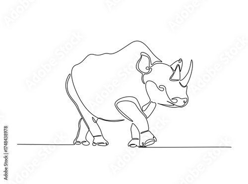 Wild rhinoceros  in single outline illustration. Continuous line art drawing of rhino animal. Editable stroke.