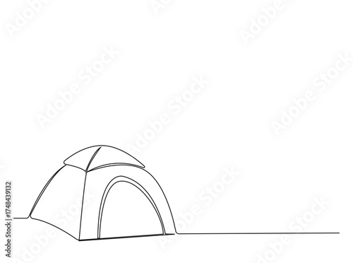Camping tent in single outline illustration. Continuous line art drawing of canvas camping tent. Editable stroke.