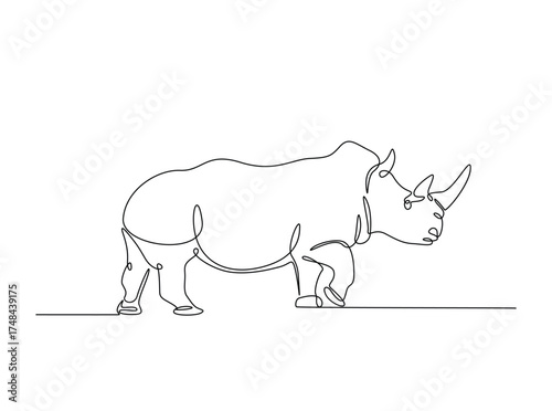 Wild rhinoceros  in single outline illustration. Continuous line art drawing of rhino animal. Editable stroke.
