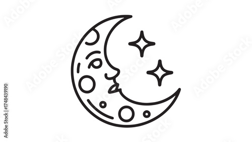 Whimsical crescent moon with a face and two sparkling stars in a simple outline style.
