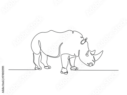 Wild rhinoceros  in single outline illustration. Continuous line art drawing of rhino animal. Editable stroke.