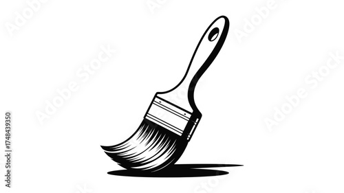 Hand drawn sketch of a single paint brush with bristles and handle isolated on white
