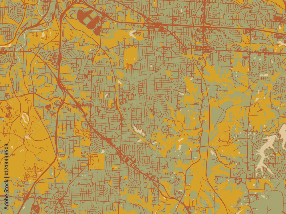 Fototapeta premium Stylized minimalist map of Raytown, Missouri in earthy sage background with rust roadways and ochre details.
