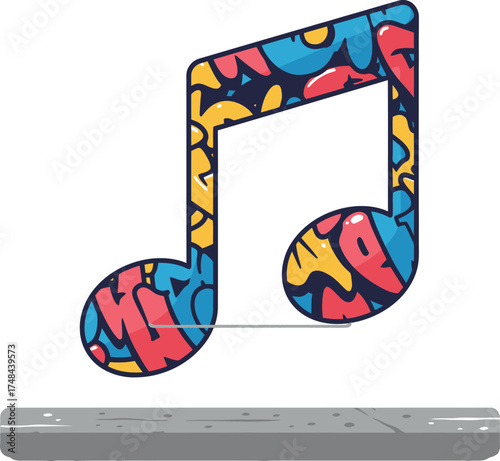 Musical note with colorful pattern stands on gray stone surface