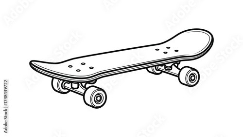Simple black and white line drawing of a skateboard on a white background