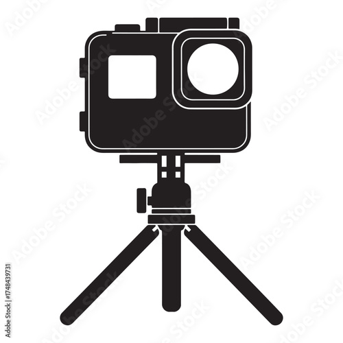 Black Silhouette of Action Camera on Tripod in Flat Vector Style