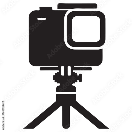 Black Silhouette of Action Camera on Tripod in Flat Vector Style