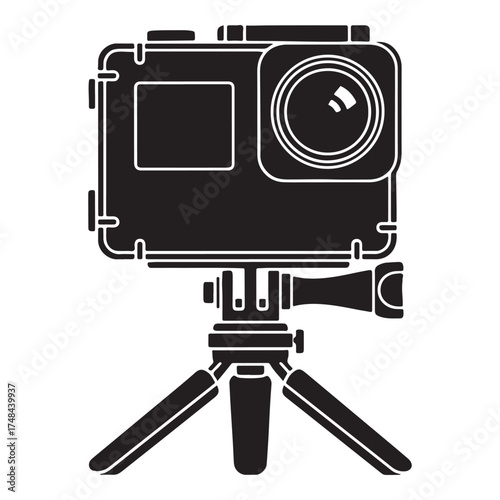 Black Silhouette of Action Camera on Tripod in Flat Vector Style
