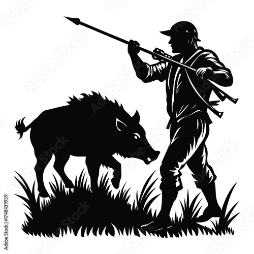 Boar Hunter Silhouette with Spear, Tracking in Grassland, Hunting Theme on White Background