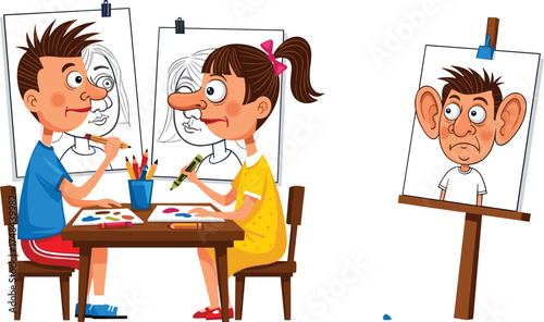 Children drawing caricatures of each other, funny cartoon art, playful kids creativity, humorous portraits, imagination, artistic expression, fun activity, learning