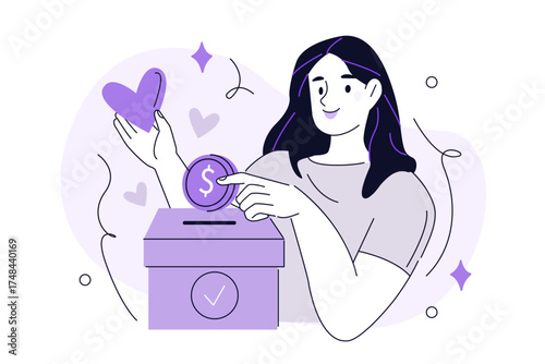 Charity and money donation concept. Woman putting coin into box to support, help community. Nonprofit, volunteering and humanitarian aid. Vector illustration.