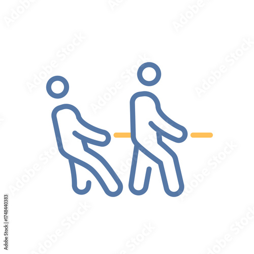 Two characters pushing rope. Tug of war icon. Competition, challenge, teamwork, strength, partnership. Vector thin line illustration. Editable stroke