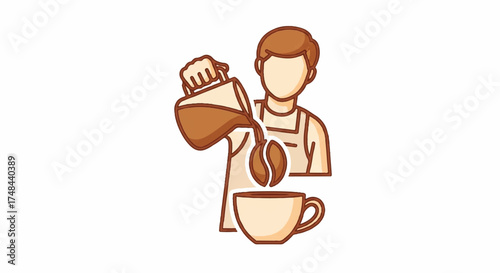 A barista pouring coffee into a cup with a minimalist design and warm brown tones on a clean white background.