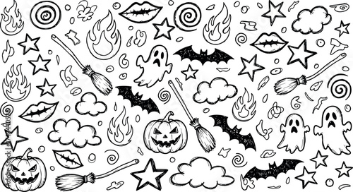 Vector art of halloween doodle pattern with ghosts, bats, pumpkins, and flames